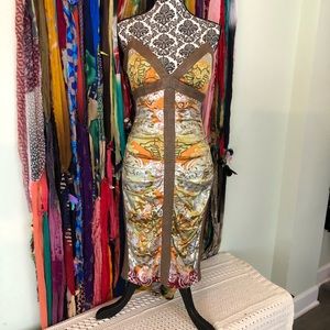 💥NICOLE MILLER gorgeous Floral Silk Ruched Wiggle spaghetti strap Dress …